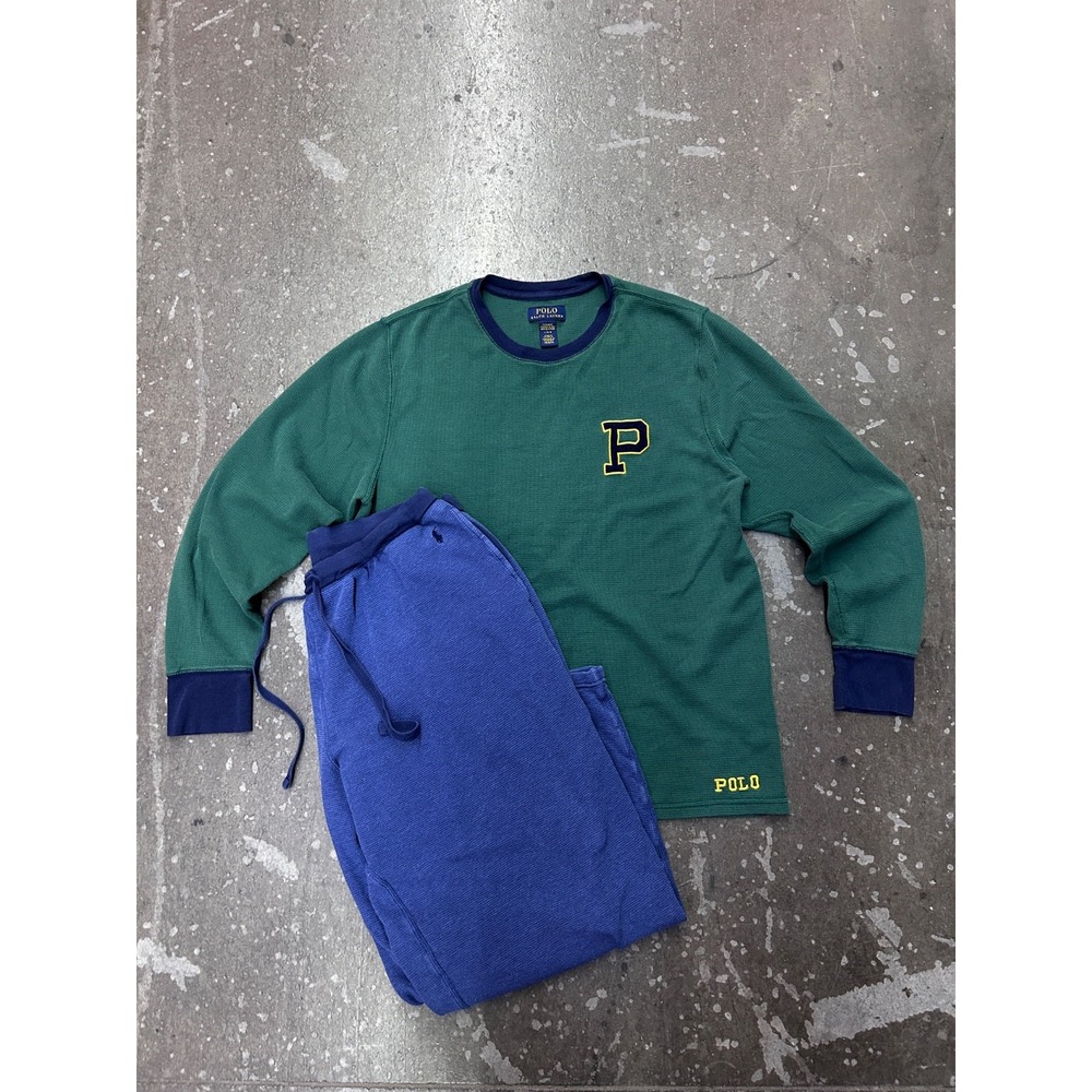 Polo Ralph Lauren Men L Pajama Set Green Blue Waffle Knit Long Sleeve Sleepwear